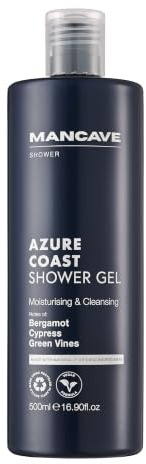 ManCave Azure Coast Duschgel för män, 500 ml, kroppstvätt, naturliga ingredienser, vegan, fruktfri, kustduschgel med bergamott, cypress och gröna vingar, för män