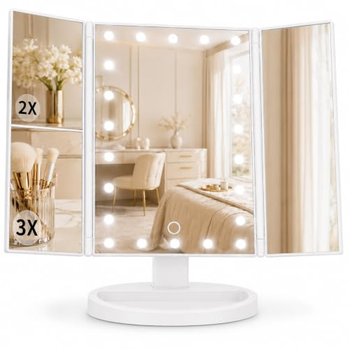 ISEYOU Kosmetikspiegel mit Beleuchtung, Schminkspiegel mit 1X/2X/3X Vergrößerung, 22 LED Licht & Stufenlos Dimmbar, Faltbarer Tischspiegel mit USB-C und Batterie Betrieb, 180° Verstellbar