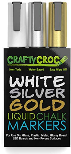 Crafty Croc Metallic Chalk Markers, Gold Silver White - 3 Pack, Medium Tip 6mm, Wet Erase for Accent Details