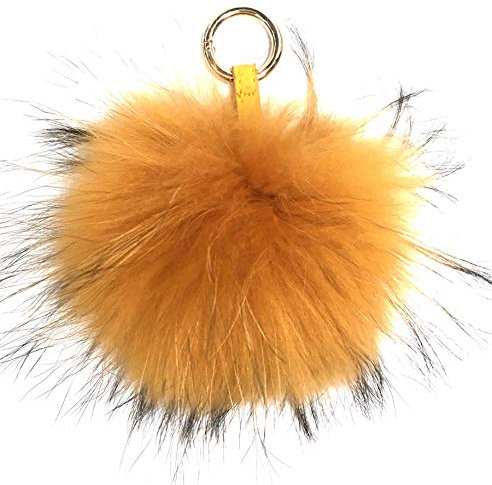 FISH IN THE SEA - Echtfell - Bommel - Honig Gelb mit goldenen Schlüsselring - XXL - 17-19cm - Premium - Fellbommel - Echtpelz - Pelzbommel - Taschenanhänger - Schlüsselanhänger