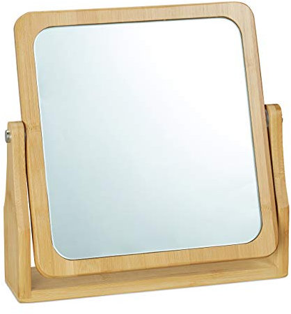 Relaxdays Kosmetikspiegel, 360° schwenkbar, eckig, stehend, zum Schminken, HBT 27x26,5x7 cm, Tischspiegel, Bambus, natur
