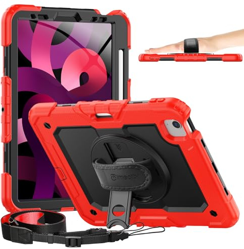 Timecity Hülle für iPad Air 5. / 4. Generation 2022/2020 10,9 Stoßfeste Displayschutz Schutzhülle mit Drehbarer Ständer -Stifthalter -Verstellbarer Handschlaufe - Schultergurt - Outdoor - Rot