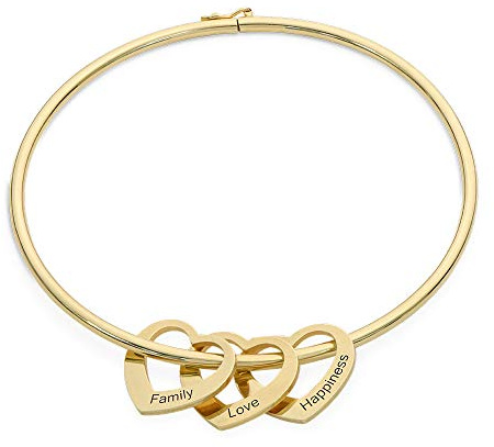 MYKA Personalisierte Armreif mit Herzanhängern und Gravur aus Sterling Silber 925 - Vergoldet - Weihnachten Graviert Name Schmuck Geschenk für Damen - Mutter - Freundin