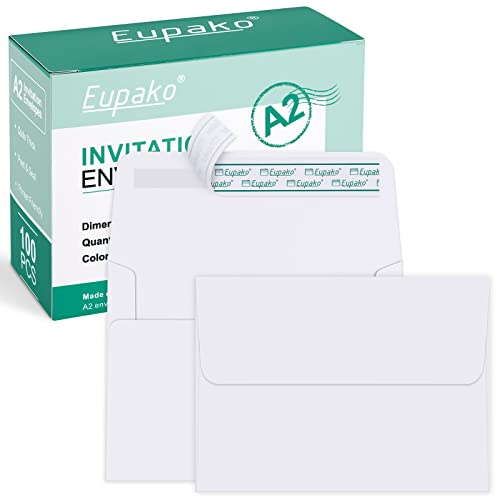Eupako A2 weiße Papierumschläge, 100 Stück, 11,1 x 14,6 cm, Einladungsumschläge, selbstklebend, für Antworten, Hochzeit, Dankeskarten, Fotos, Ankündigungen
