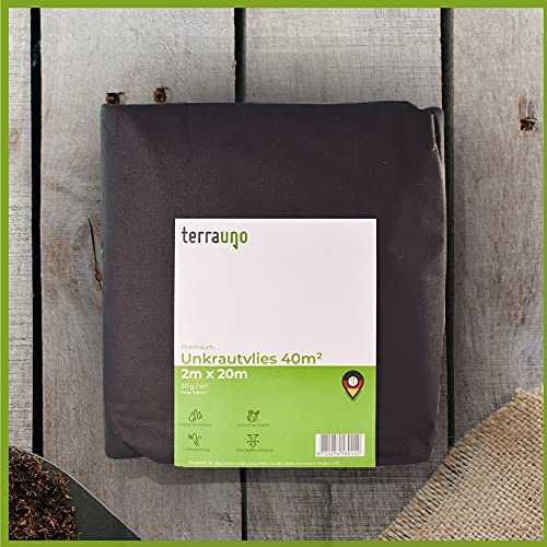 TerraUno - Premium Unkrautvlies 50 g/m² - 2m x 20m = 40m² Unkrautfolie I wasserdurchlässig, atmungsaktiv & nährstoffdurchlässig I Gartenvlies gegen Unkraut für den Gartenbau