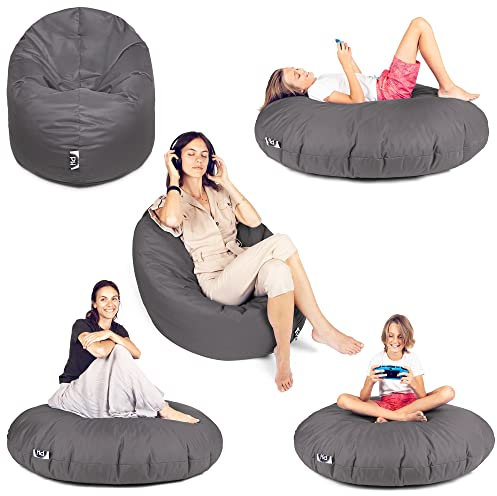 PATCH HOME Sitzsack 2 in 1 Sitzkissen Bodenkissen für Erwachsene & Kinder - Gaming mit Füllung Kissen Sessel BeanBag (Ø 100cm, Anthrazit)
