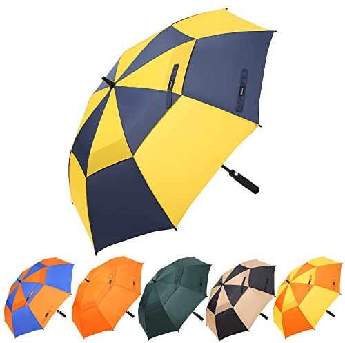 Doubwell Golf Umbrella 54/62/68 Inch Automatic Large Windproof Umbrella Oversized Stick Rain Umbrella For Man and Woman Can Shade For Golfer And Family (Yellow/Dark Blue, 68 Inch)