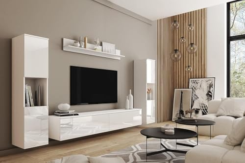 MINIO go for it - Wohnwand Parma XL 4-Teilig Set Hängend oder Stehend LED | 2x Highboard, I Lowboard, Wandboard, Laminierte Spannplatte, Farbe: Weiß matt / Weiß Hochglanz