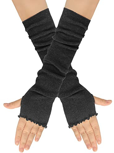 SHTGOI 1 Paar Lange Fingerlose Handschuhe mit Rüschen Herbst Winter Halbhandschuhe Gestrickt Armstulpen Elastische Stricken Armwärmer Damen Armlinge Pulswärmer mit Daumenloch Dunkelgrau