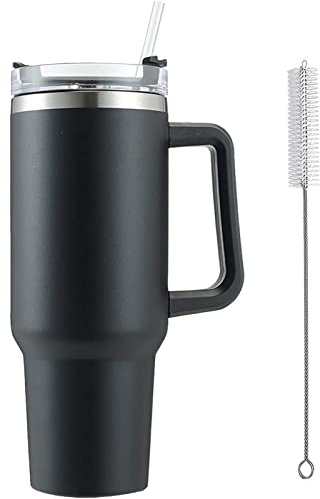 FiveMileBro Doppelwandiger Edelstahl Vakuum Isolierbecher mit Strohhalm, Tragbare Autobecher Becher Tumbler, 1200ml, 40oz, Thermobecher Für Kalte Heiße Getränke (Schwarz)