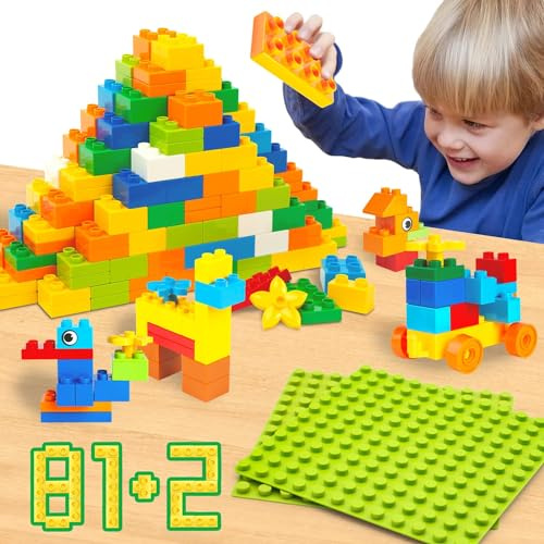 WYSWYG Classic Big Building Blocks Set 81 Pcs with 2 Baseplates, Large Construction Bricks Compatible with Duplo, Preschool STEM Educational Toys for Boys Girls Age 3-6