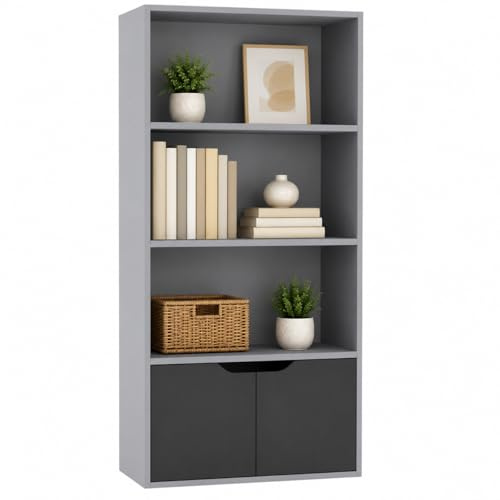 URBNLIVING Bücherregal mit 4 Etagen, breit, aus Holz, mit 2 Türen, Aufbewahrungsregal, Vitrine, Schrank, Einheit (grau mit schwarzen Türen)