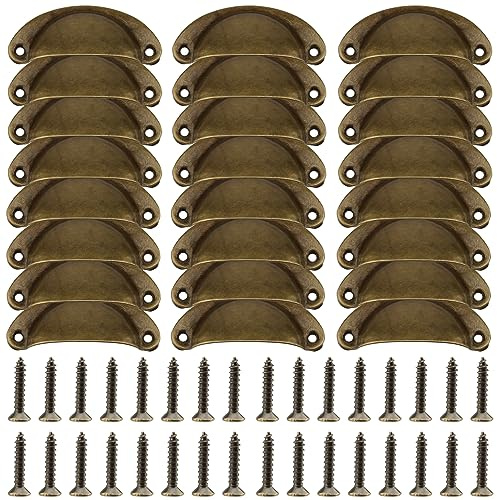DAKFOOK 24 Pcs Antique Brass Cabinet Door Handles, Retro Shell Metal Cup Drawer Handles with Screws, Vintage Kitchen Cupboard Handles, Semi-Circular Furniture Pull Knobs