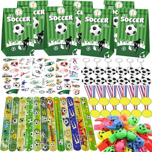 BJPERFMS 72 Stück Fußball Mitgebsel，Fußball Mitgebsel Kindergeburtstag，Fussball Geburtstagsdeko Geschenk mit Fussball Schlüsselanhänger, Armband, Pfeifen, Tattoos Dekorationen für Kinder Geburtstag