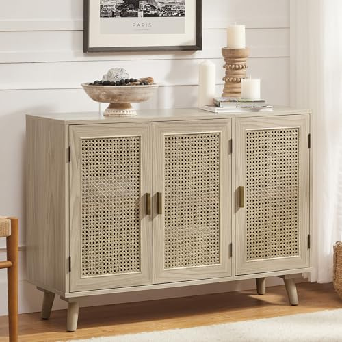 HULALA HOME 109 cm Small Rattan Sideboard with Adjustable Shelves, Acorn | 3-Door Storage Cabinet with Natural Rattan Door Panels, Solid Wood Legs, Easy Assembly for Living Room, Dining Room, Kitchen