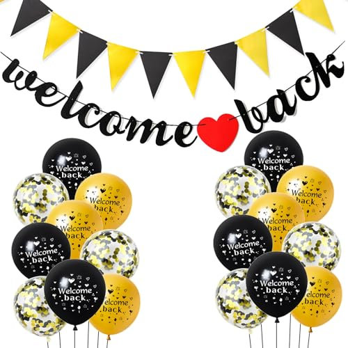 Noir Retour de Bienvenue Guirlande,Noir Décoration Welcome Back,Bannière de retour de bienvenue,Ballons de retour de fête Décoration pour retourner en classe école saison fête de famille Décoration