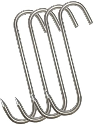 WIOEERS 4 Pcs Stainless Steel S-Type Meat Hook, Bacon Hook, Stainless Steel Solid Manufacturing, Used for Hanging Pigs, Cattle, Mutton; Cured Meat, Sausage, Roast Meat, Etc. (Thick 6mm)