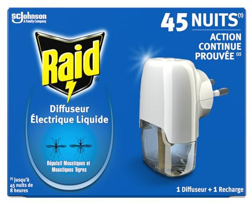 Raid Diffuseur Électrique Liquide Répulsif Moustiques et Moustiques Tigres 45 Nuits - 1 Diffuseur et 1 Recharge