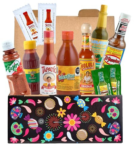 Scharfe Soßen Set (7 Sorten) – 100% Mexiko - Tajín, El Tapatio, Valentina, El Yucateco, Cholula, Lol-Tun und 4 Salsa-Tütchen