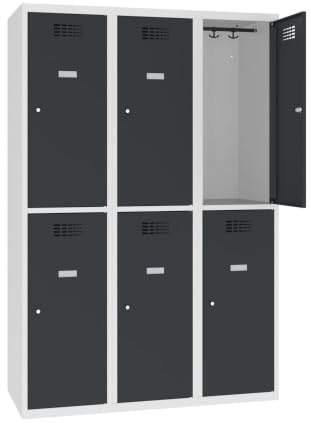 Steinbock Spind 6 Fächer | H180xB120xT50 cm | Anthrazit | Zylinderschloss mit 2 Schlüsseln | Metallspind inkl. Kleiderstange, Kleiderhaken, Namensschild | Schließfachschrank