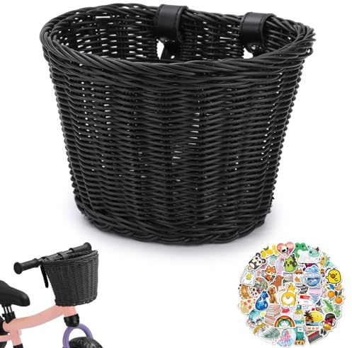 Bike Basket Woven Bike Basket for Adult Bikes Front/Kids Bike Handlebar with Adjustable Leather Straps（Black