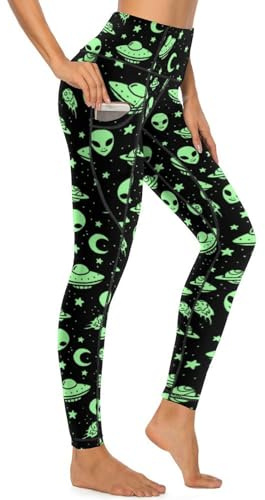 MSOKAZZLES Green Alien UFO Moon High Waisted Exercise Yoga Pants for Women Running Sports Workout Yoga Leggings with Pockets M