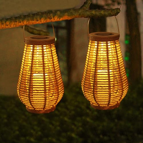 2 Stück Solarlaternen Solarlampen für Außen Hängend Außenlaternen,Rattan Gewebte Laterne Wasserdicht Solarleuchten Gartendeko mit LED Glühbirne,IP65 Wasserdichte Laternen für Draußen Balkon