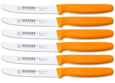 Giesser Messer - Made in Germany - 6er Set Brötchenmesser Tomatenmesser Küchenmesser Allzweckmesser Universalmesser Gemüsemesser 3mm Wellenschliff Klingenlänge 11cm (Gelb)