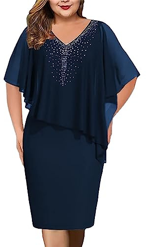 Damen Große Größe Cape Chiffon Cocktailkleid V-Ausschnitt A-Line Knielang Abendkleid mit Overlay