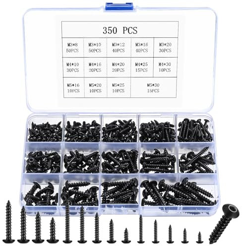 350 Pcs M3 M4 M5 Black Self Tapping Screws for Wood Screws Assortment Set, Self-tapping Hex Socket Button Head Cap Screw, Pan Head Decking Screw for Furniture Drywall Chipboard