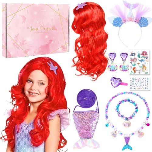 COYBTO Prinzessin Kostüme Zubehör Set, Kinder Schmuckset Mädchen,Prinzessin Dress up Zubehör mit Perücke Halskette Armband Handtasche, Geschenke für Mädchen Geburtstag
