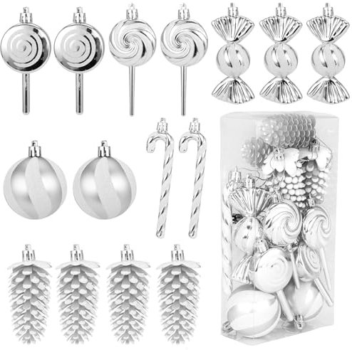 15 Stück Weihnachtsbaum Schmuck Silber, Zuckerstangen Weihnachtsbaum, Glitzer Christbaumschmuck, Weihnachtsbaumanhänger Plastik, Zuckerstange, Bonbon, Kugel, Tannenzapfen für Weihnachtsbaumdeko