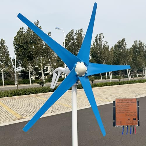 ZHOZHUT 800W-1200W Turbina EóLica 12V / 24V / 48V Generador De Turbina De Viento con Controlador MPPT Y 5 Aspas Azules, Carcasa De Aleación De Aluminio Aerogenerador para Casas, Patios,1000w,48V