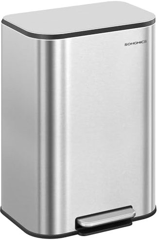 SONGMICS Kitchen Bin, 50 L Pedal Bin, Steel Trash Bin, Soft-Close Lid, Stays Open, Inner Bucket, Wide Non-Slip Pedal, Metallic Silver LTB547E01