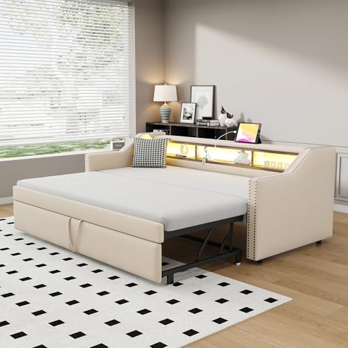 Dolamaní Tagesbett 90/180x190 cm mit Gästebett, Ausziehbett Gleiche Höhe, Bett Ausziehbar zum Doppelbett, Schlafsofa für Erwachsene 2 Personen, Leinen (Beige B)