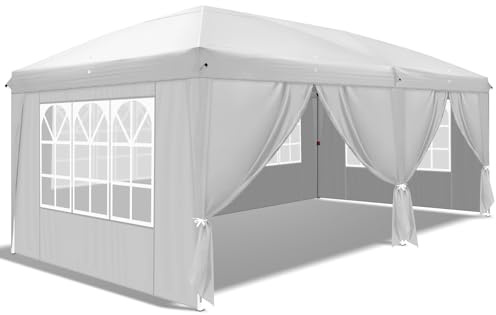 Bonnlo Faltpavillon 3 x 6 m, Wasserdicht, Sonnenschutz, Stabil Gartenzelt (Weiß mit 4 Seitenwänden)