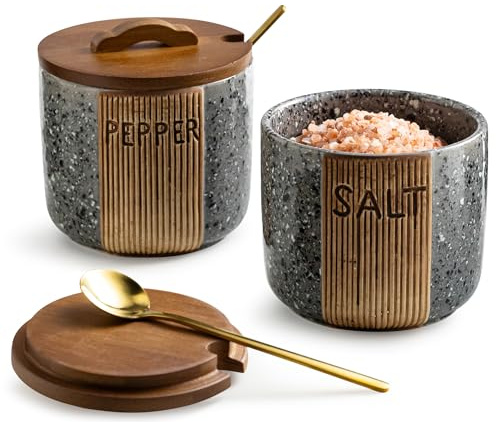 YHOJOY Salero y pimentero de cerámica, recipientes de sal de 10 onzas para encimera, bodega de sal con tapa de madera y cucharas, juego de sal y pimienta, diseño de mármol, gris