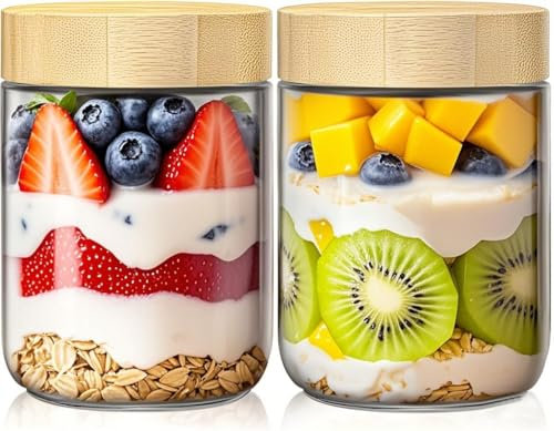 ALINK 16oz Overnight Oats Containers with lids, Glass Jars with Bamboo Lids, Glass Meal Prep Jars with Airtight Lids for Yogurt, Salad, Chia, Wide Mouth Mason Jar with Lid for Food Storage - 2 Pack