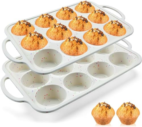 Werwing Confezione da 2 teglie per muffin in silicone con struttura in metallo, teglia antiaderente per 12 cupcake, senza BPA, lavabile in lavastoviglie per forno, congelatore e microonde