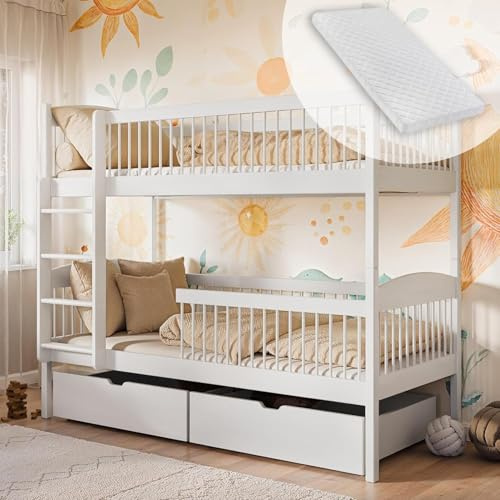 Kids Collective Hochbett Kinder Etagenbett Kinderbett Inkl. 2 Matratzen 2 Schubladen sicher & funktional | Größen: 80x180, 90x190, 90x200 cm | 80x180 cm von 3. bis 12. Lebensjahr | Weiß