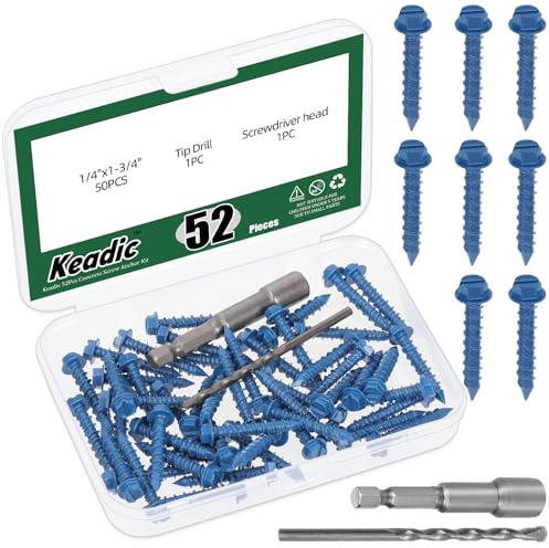 Keadic Set di 50 viti per calcestruzzo con testa a rondella esagonale con intaglio da 3/16, perfette per l'ancoraggio a muratura, blocchi o stucco in mattoni, fissaggio sicuro su calcestruzzo (blu