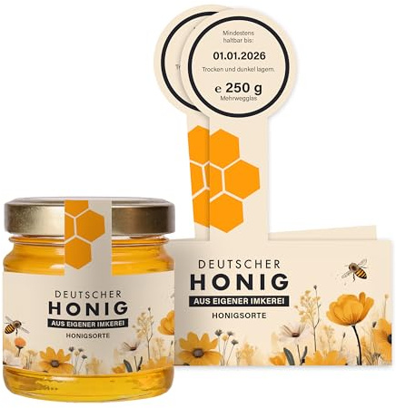 Honigetiketten 250 g personalisierbar mit Gewährverschluss – Aufkleber für Honiggläser selbst gestalten – selbstklebend, ablösbar – ab 25 Stück – (HONIG - 250 g - GEW1)