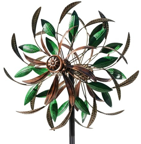 DREAMYSOUL Wind Spinners Outdoor, 360 Degree Rotation Double Layer Metal Kinetic Wind Spinner, Wind Sculpture with Green Leaves Blades for Yard and Garden Lawn Decor