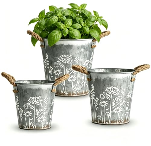 JUJOYBD Metall Übertöpfe 3er Set, Blumenmotiv, Jutegriffe, Ø13,5/15/16,5cm | Verzinktes Metall, Pflanzentöpfe wetterfest für Innen & Außen, dekorativ für Garten, Balkon, Terrasse oder Wohnbereich