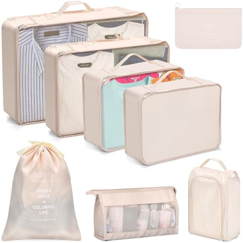 XULIERUX Huit Pièces Ensemble d'organisation De Bagages, Sacs de Rangement pour Vêtements, Sacs d'organisation De Bagages, avec Trousse de Maquillage, Sac à Chaussures (Beige)