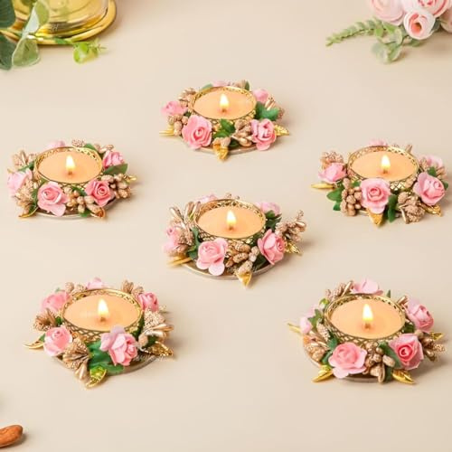 Treeratan Handmade Multicolour Flower Tealight Candle Holder Set of 6 with Wax Candles – Decorative Diya for Diwali, Festive Home Decor, Rangoli, and Gifts