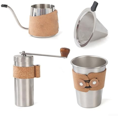 Ensemble de fabrication de café ou articles individuels avec pot en acier inoxydable, tasse en acier inoxydable, broyeur recouvert de liège et entonnoir filtre pour café (tasse en acier inoxydable)