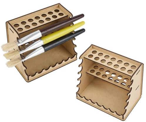 HOBBIESAY 2 Set Wooden Paint Brush Holder Desk Stand Paintbrush Organizer Artist Brush Holder to 28 Holes Wood Brushes Rack Holding Rack for Pens Paint Brushes Colored Pencils Markers