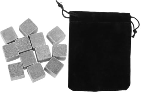Amosfun 12 Pezzi Cubetti di Ghiaccio in Pietra per Whisky e Vino Riutilizzabili in Marmo Pregiato Sacchetto in Velluto Nero Raffreddamento Rapido e Mantenimento Sapore Originale per