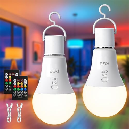 TaoFiaCo 7 W E27 Bombilla Recargable USB con Mando, 3 Color & RGB, 2 Piezas | Bombilla Inalámbrica, Regulable, Carga USB-C, Inalámbrica, , Función de Temporizador, Luz de Emergencia Control de Botones
